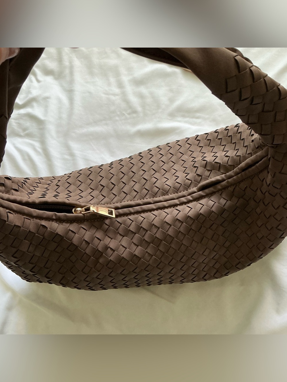 Intrecciato Style Shoulder Bag Woven Faux Leather Hobo Slouchy Brown Braided - Picture 5 of 9